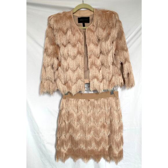 BCBG MaxAzria Jaxon Fringe Pink Blush Jacket Top & Modie Skirt Set, Small - Picture 1 of 9